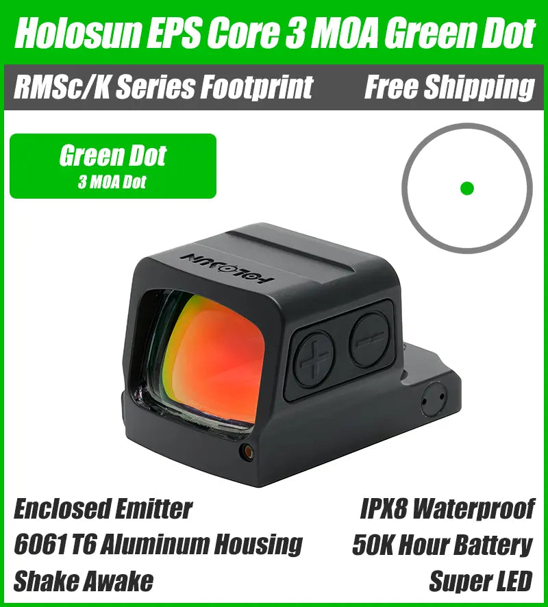 Holosun EPS Core Green Dot, 3 MOA Dot, K Series Footprint (Modified RMSc), Solar Failsafe - EPS-CORE-GR3