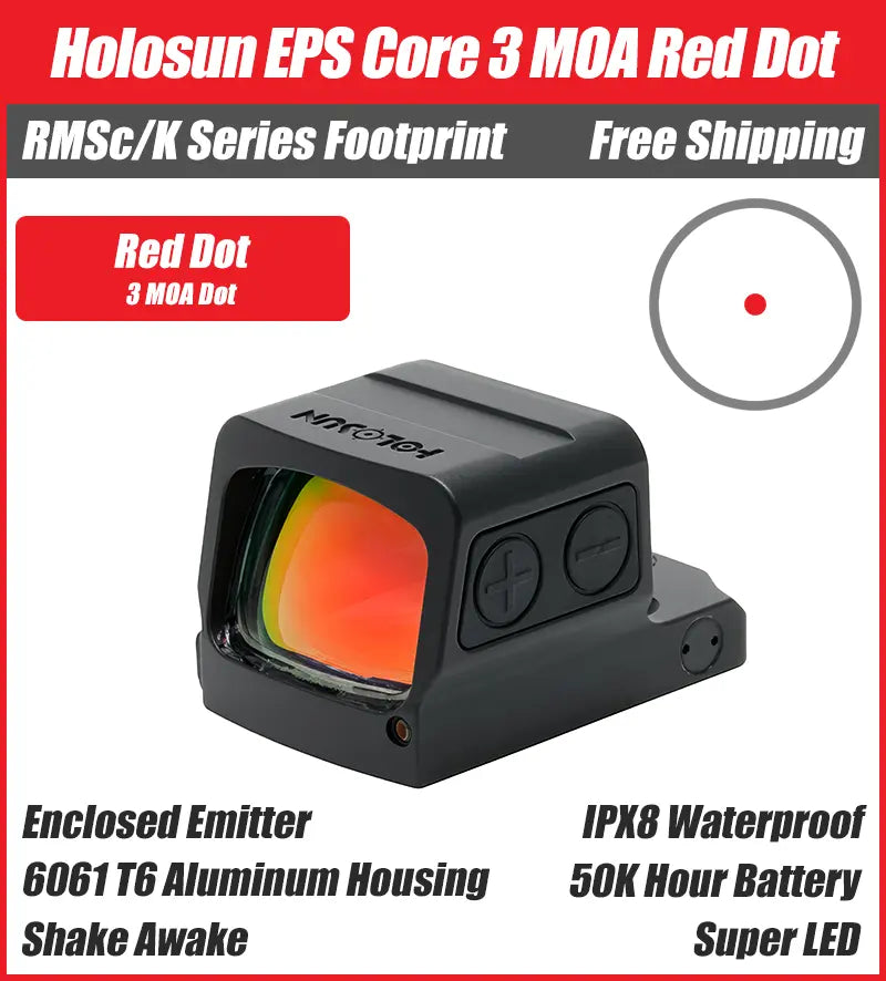 Holosun EPS Core Red Dot, 3 MOA Dot, K Series Footprint (Modified RMSc), Solar Failsafe - EPS-CORE-RD3