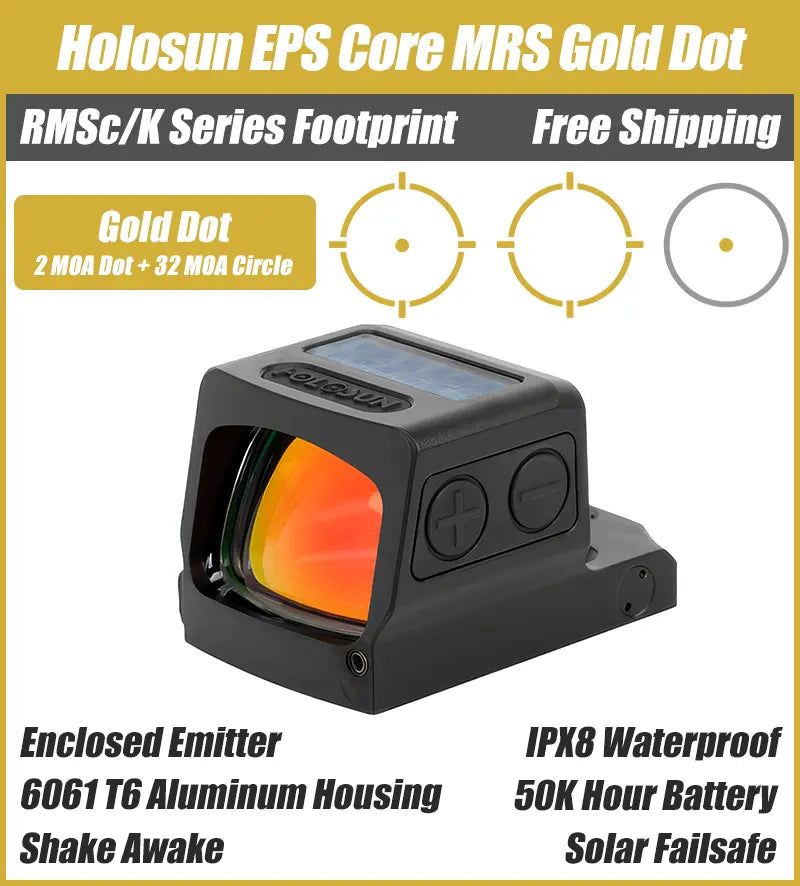 Holosun EPS Core MRS Gold Dot, 32 MOA Circle 2 MOA Dot, K Series Footprint (Modified RMSc), Solar Failsafe - EPS-CORE-GD-MRS