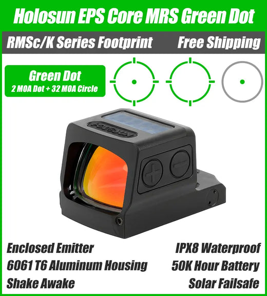 Holosun EPS Core MRS Green Dot, 32 MOA Circle 2 MOA Dot, RMSc Footprint, Solar Failsafe - EPS-CORE-GR-MRS