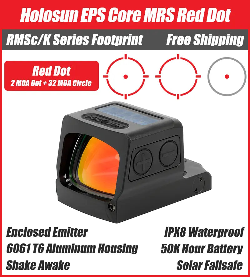 Holosun EPS Core MRS Red Dot, 32 MOA Circle 2 MOA Dot, K Series Footprint (Modified RMSc), Solar Failsafe - EPS-CORE-RD-MRS
