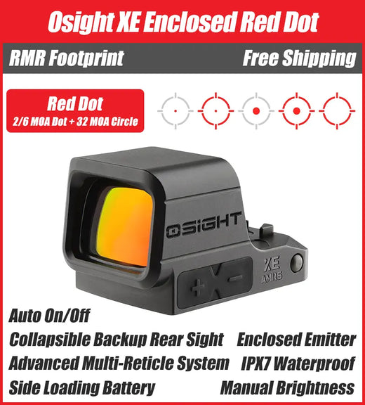 Osight XE Enclosed Red Dot Sight, RMR Footprint, 2/6+32 MOA Multi-Reticle System, Battery Operated