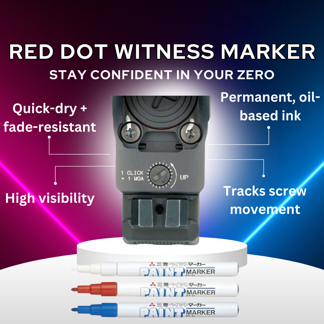 Red Dot Witness Marker – Fine Tip Paint Pen (White, Red, Blue) – For Optic Mounting & Zero Retention Checks