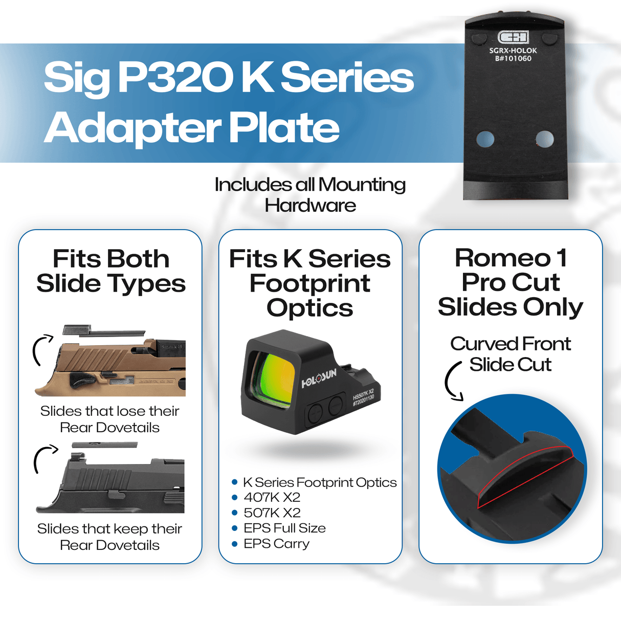 Sig P320 Romeo 1 Pro Cut Slide with or without Rear Dovetails Attached to Holosun 407K,507K,EPS,EPS Carry Adapter Plate - CHPWS -  SGRX-HOLOk