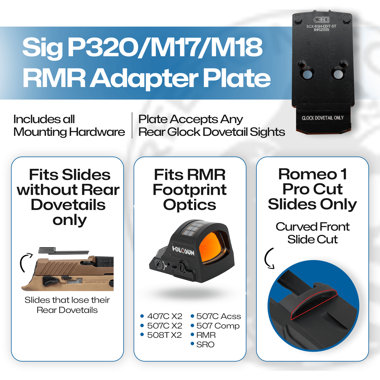 Sig P320 to RMR Adapter Plate for Romeo 1 Pro Slides that don't have Rear Dovetails attached to the slide - CHPWS - SGX-RSH-GDT-ST