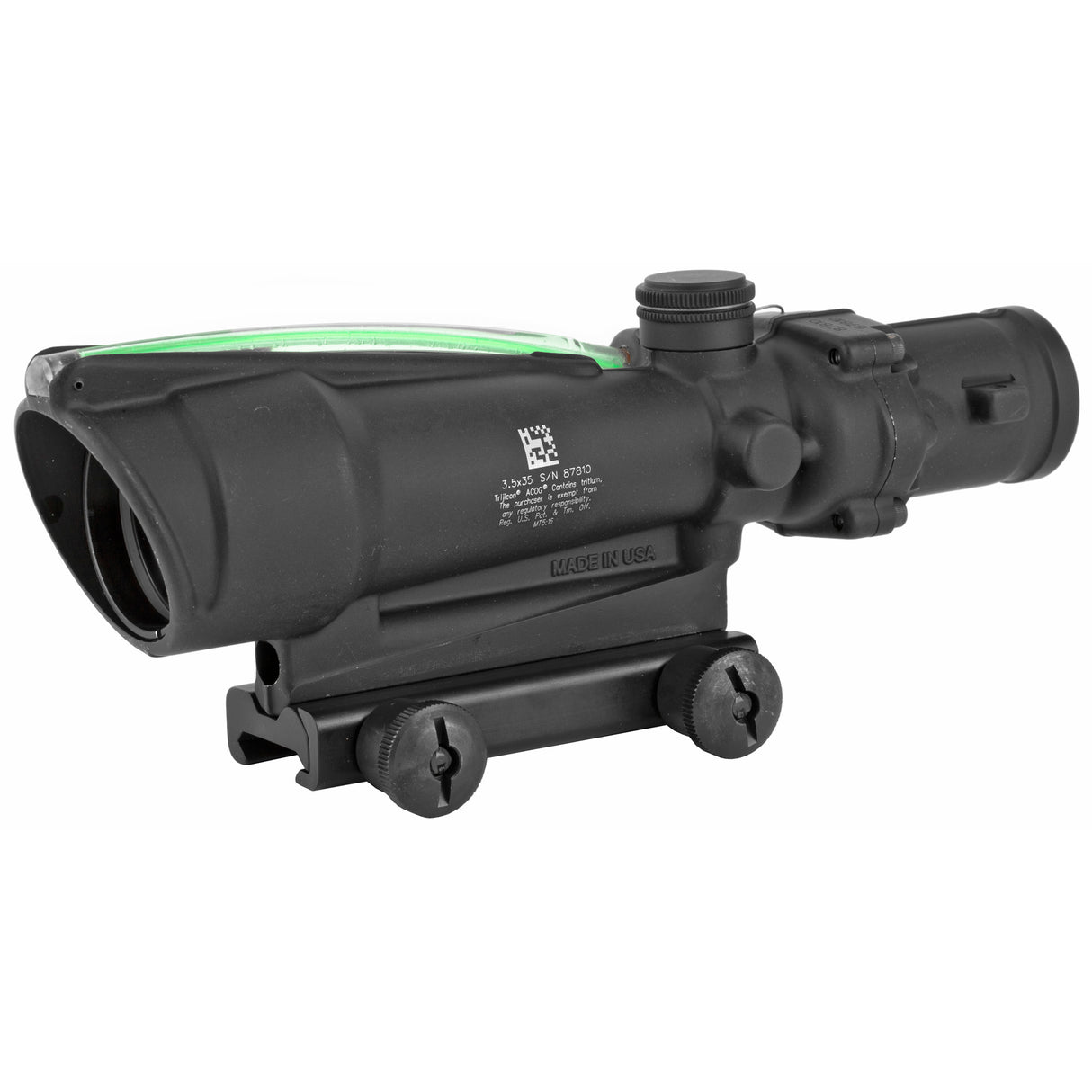 Trijicon ACOG 3.5x35 Riflescope (TA11F-G) with illuminated Green Chevron .223 Reticle, BDC, and fixed magnification for tactical use.