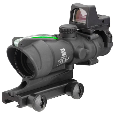 Trijicon ACOG 4x32 Riflescope with Green Chevron .223 BDC Reticle and top-mounted RMR Type 2 Sight for CQB and precise long-range targeting.