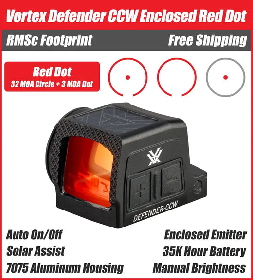OPEN BOX [LIKE NEW] Vortex Defender CCW Enclosed Solar Red Dot, RMSc Footprint, 32 MOA Circle + 3 MOA Dot Reticle - DFCCW-MRD3-E
