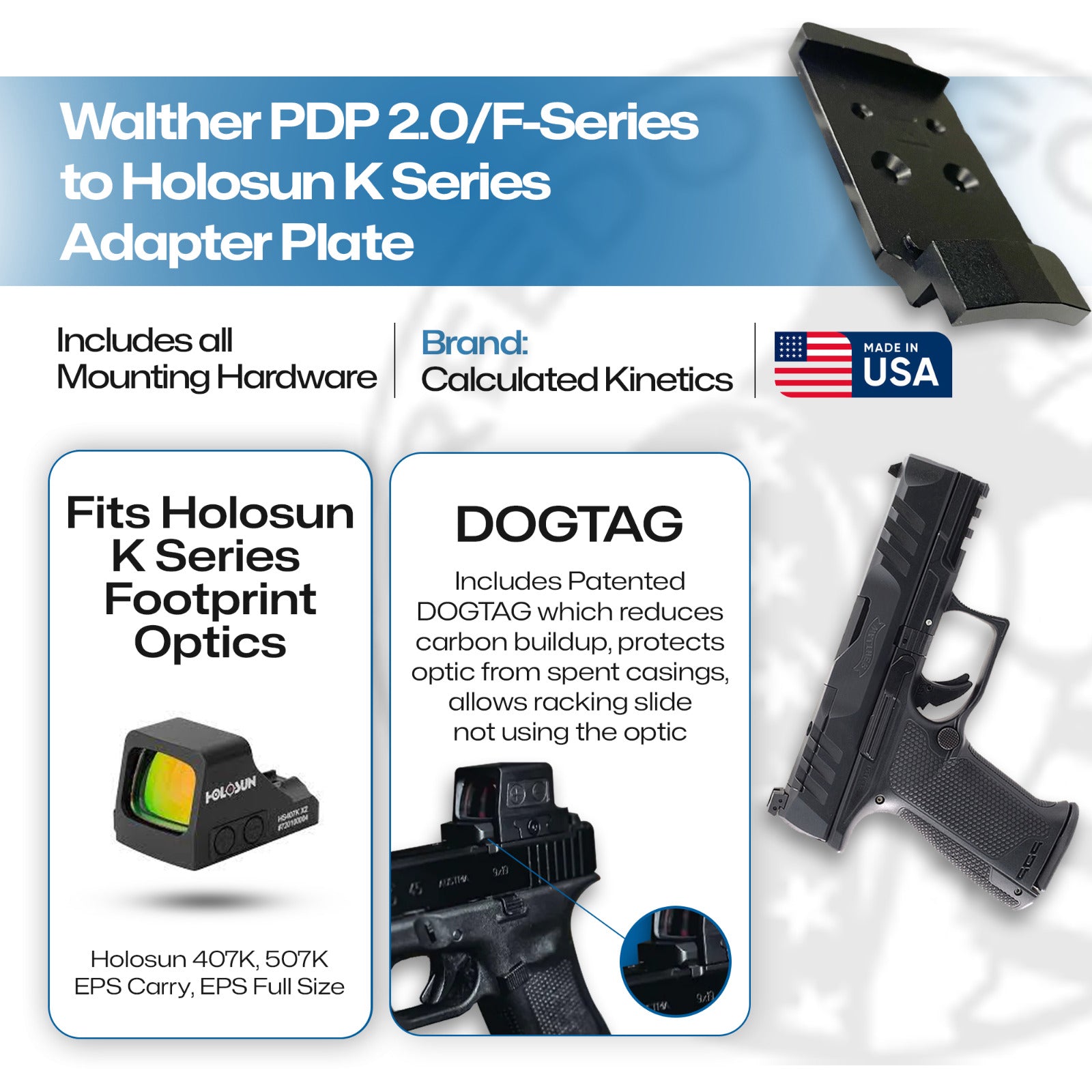 Walther PDP 2.0/F-Series Holosun 407K/507K/EPS/EPS Carry Adapter Plate - Aluminum - DOGTAG - Calculated Kinetics