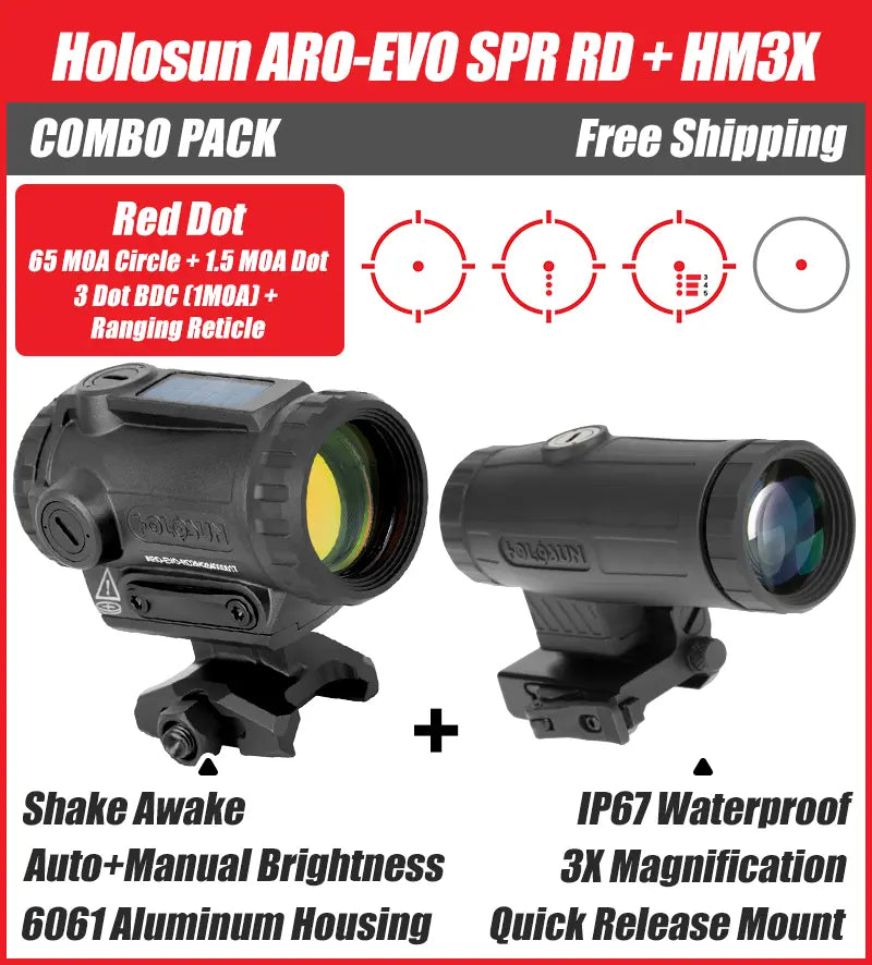 Holosun ARO-EVO-SPR-RD & HM3X Combo Kit with Hard Case (SPR Red Dot + 3x Magnifier Combo)