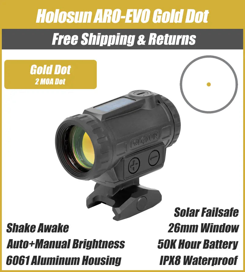 Holosun ARO-EVO Gold 2MOA Dot Only Reticle, 26mm Housing, Shake