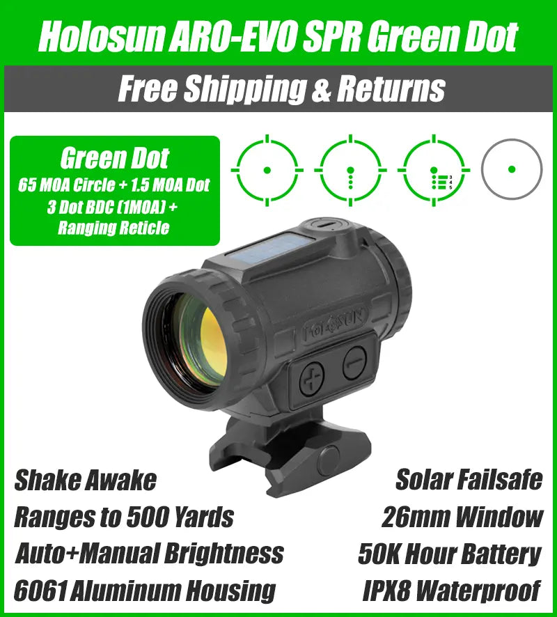 Holosun ARO-EVO Green SPR Reticle, BDC (Drop Compensation Reticle), 26mm Housing, Shake Awake, 1/3 Co-Witness - ARO-EVO-SPR-GR