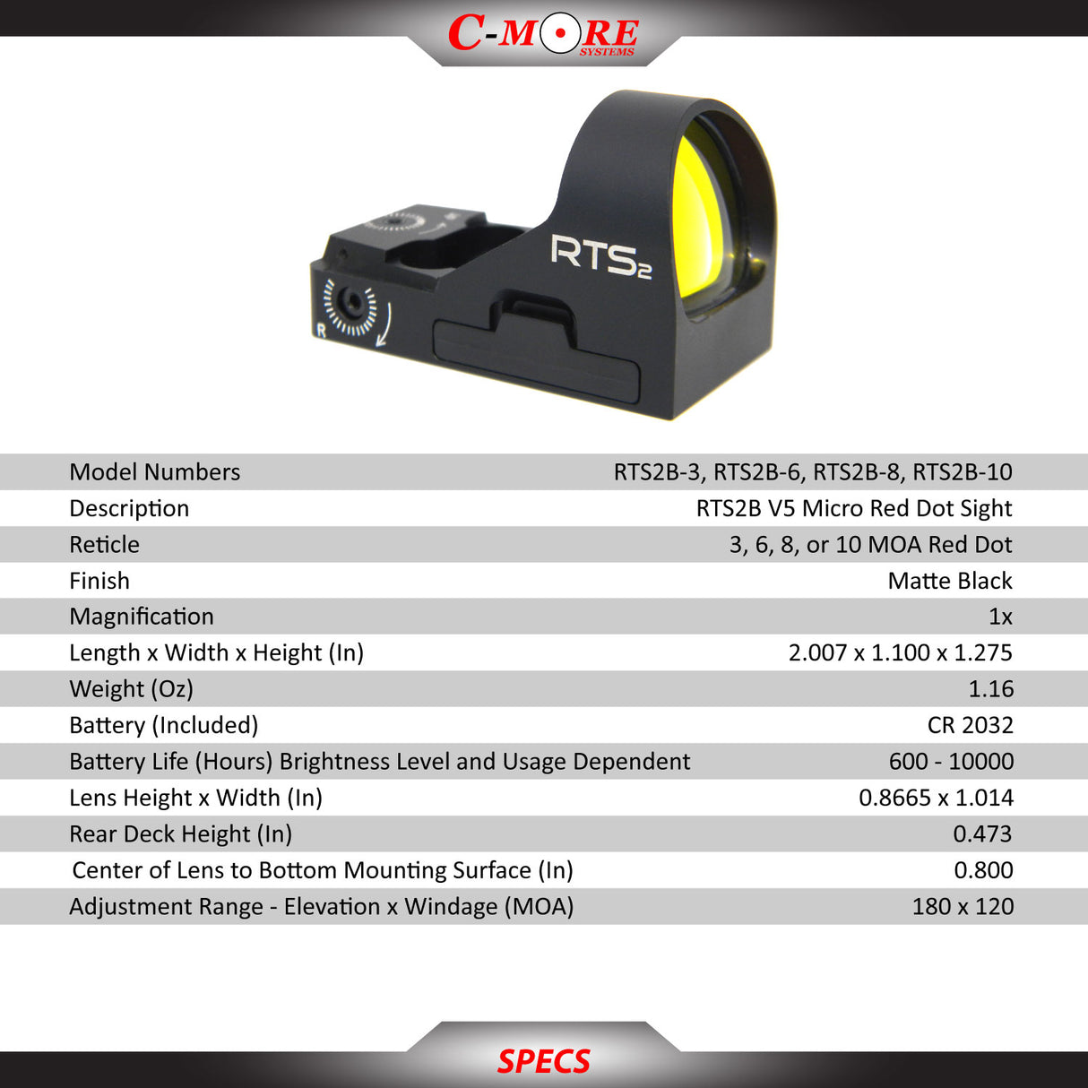 C-More RTS2B - V5 6 MOA Red Dot Sight - C-More RTS/STS Footprint - RTS2B-6