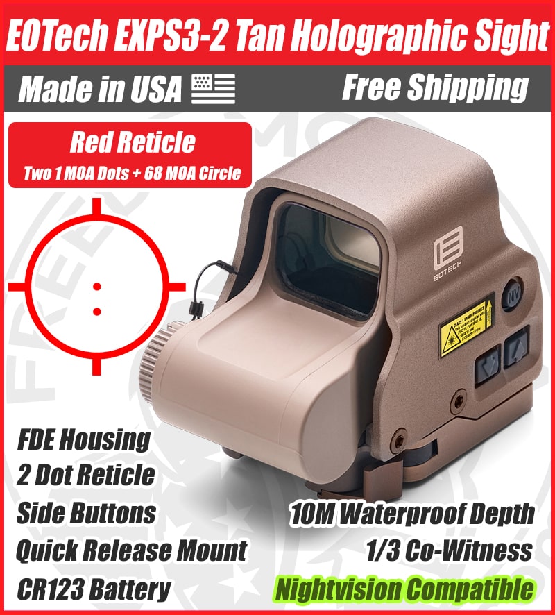 EOTech EXPS3-2 Tan/FDE Housing Holographic Red Dot Sight, Two 1 MOA Dots, 68 MOA Outer Ring, Quick Release Mount, NV Compatible - EXPS3-2TAN