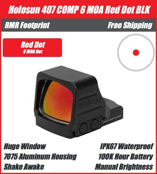 Holosun 407 COMP Red, Blackout Edition, 6 MOA Red Dot - HS407COMP-RD6-BLK
