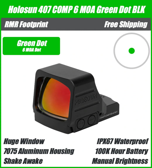 Holosun 407 COMP Green, Blackout Edition, 6 MOA Green Dot - HE407COMP-GR6-BLK