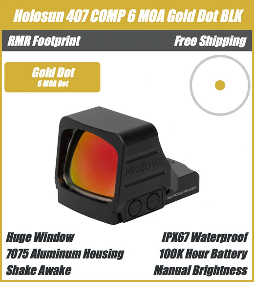 Holosun 407 COMP Gold, Blackout Edition, 6 MOA Gold Dot - HE407COMP-GD6-BLK
