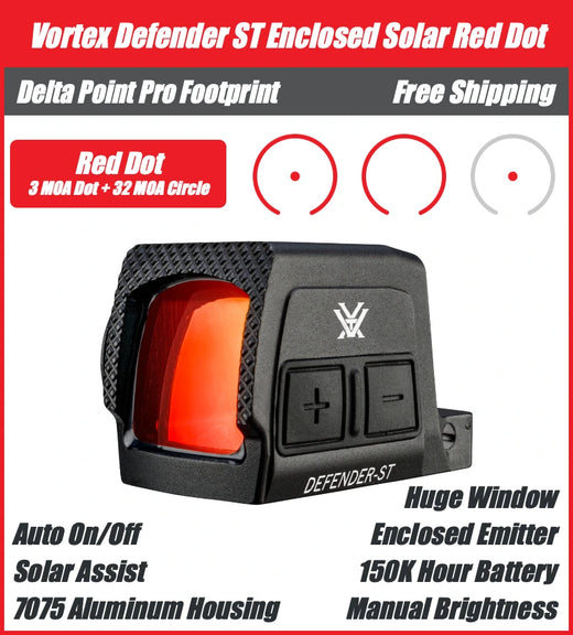 Vortex Defender ST Enclosed Solar Red Dot, DPP Footprint, 32 MOA Circle + 3 MOA Dot Reticle, DFST-MRD3-E