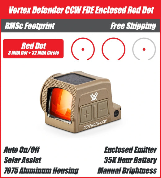 Vortex Defender CCW FDE Enclosed Solar Red Dot, RMSc Footprint, 32 MOA Circle + 3 MOA Dot Reticle - DFCCW-MRD3-E-T