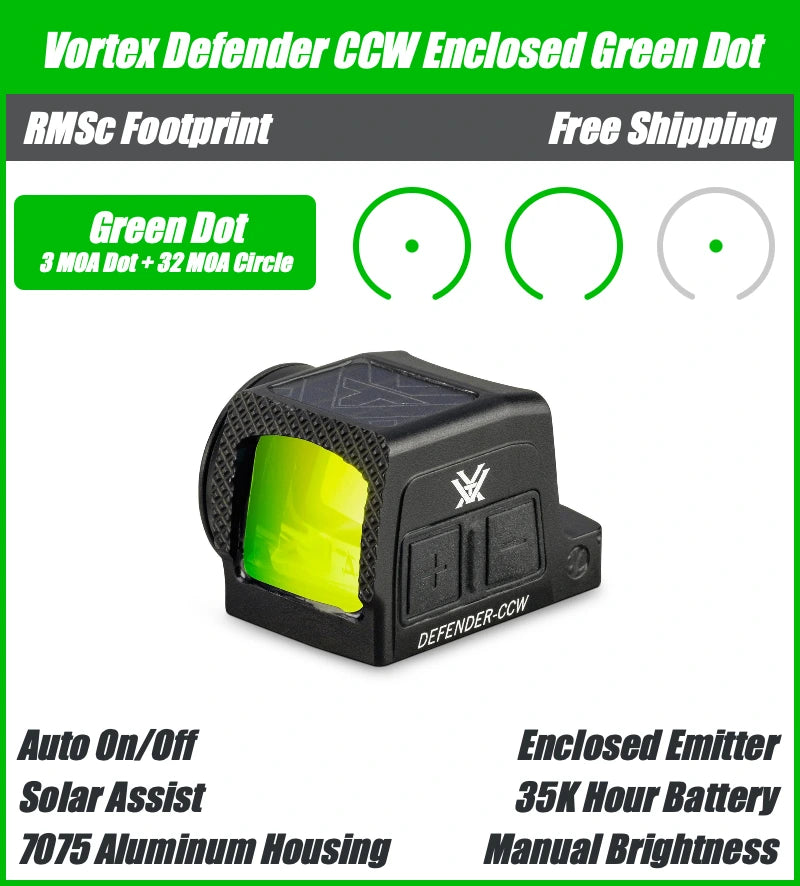 Vortex Defender CCW Enclosed Solar Green Dot, RMSc Footprint, 32 MOA Circle + 3 MOA Dot Reticle - DFCCW-MGD3-E