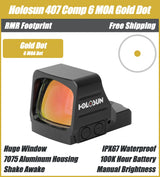 Holosun 407 COMP Gold, Huge Competition Window, RMR Footprint, 6 MOA Gold Dot, Side Battery - HE407COMP-GD6