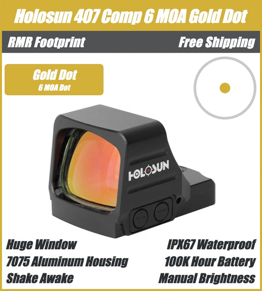 Holosun 407 COMP Gold, Huge Competition Window, RMR Footprint, 6 MOA Gold Dot, Side Battery - HE407COMP-GD6