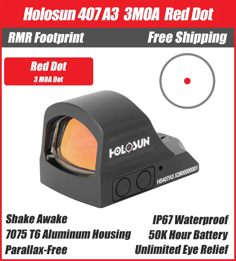 Holosun 407A3, 3MOA, Red Dot, Side Battery, Shake Awake - HS407A3-X2