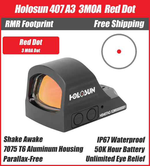 Holosun 407A3, 3MOA, Red Dot, Side Battery, Shake Awake - HS407A3-X2