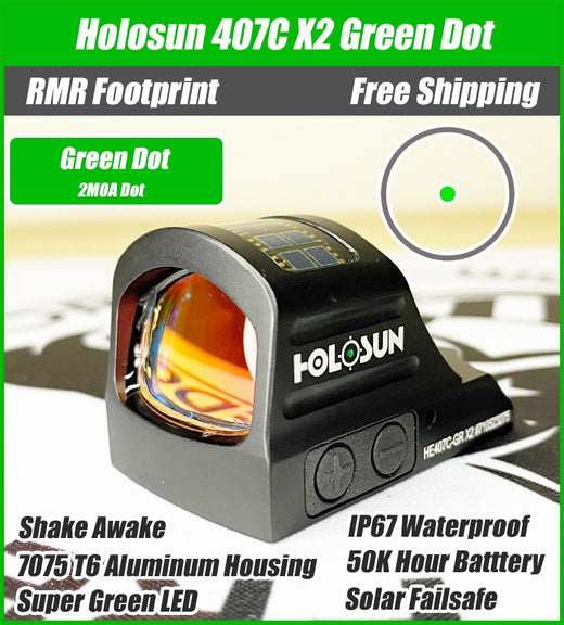 Holosun 407C X2 2 MOA Green Dot, RMR Footprint, Side Battery, Solar Failsafe - HE407C-GR-X2