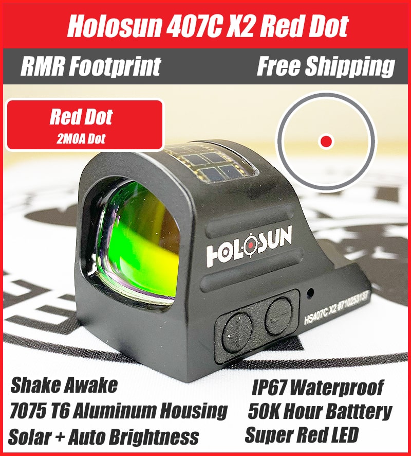 Holosun 407C X2, 2 MOA Red Dot, RMR Footprint, Side Battery, Solar Failsafe - HS407C-X2