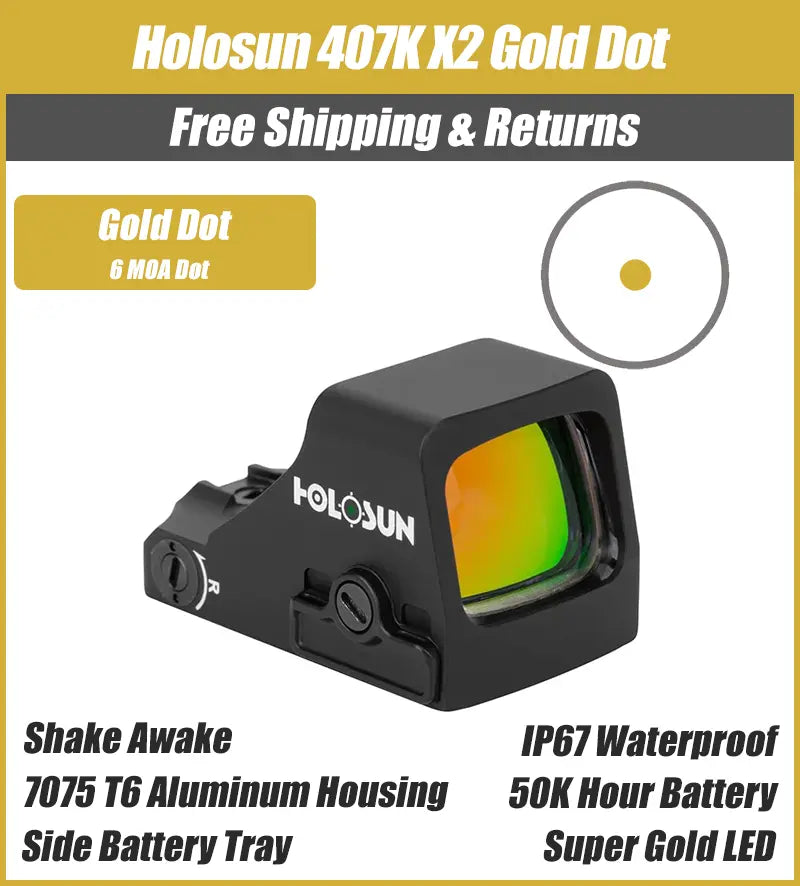 Holosun 407K X2 Gold Dot, 6 MOA, K Series Footprint (Modified RMSc), Side Battery - HS407K-X2-GOLD