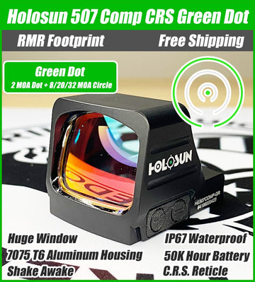 Holosun 507 COMP Green, Huge Competition Window, RMR Footprint, C.R.S. Reticle 8/20/32 MOA Circle & 2 MOA Green Dot, Side Battery - HE507COMP-GR