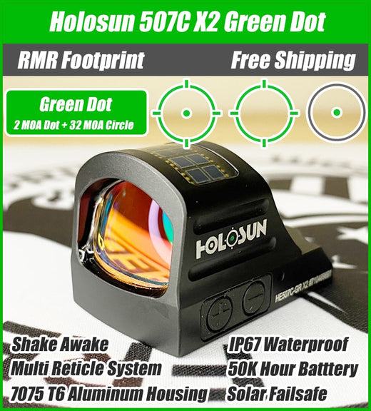 Holosun 507C Green X2, 32 MOA Ring & 2 MOA Green Dot, RMR Footprint, MRS Reticle, Side Battery, Solar Failsafe - HE507C-GR-X2