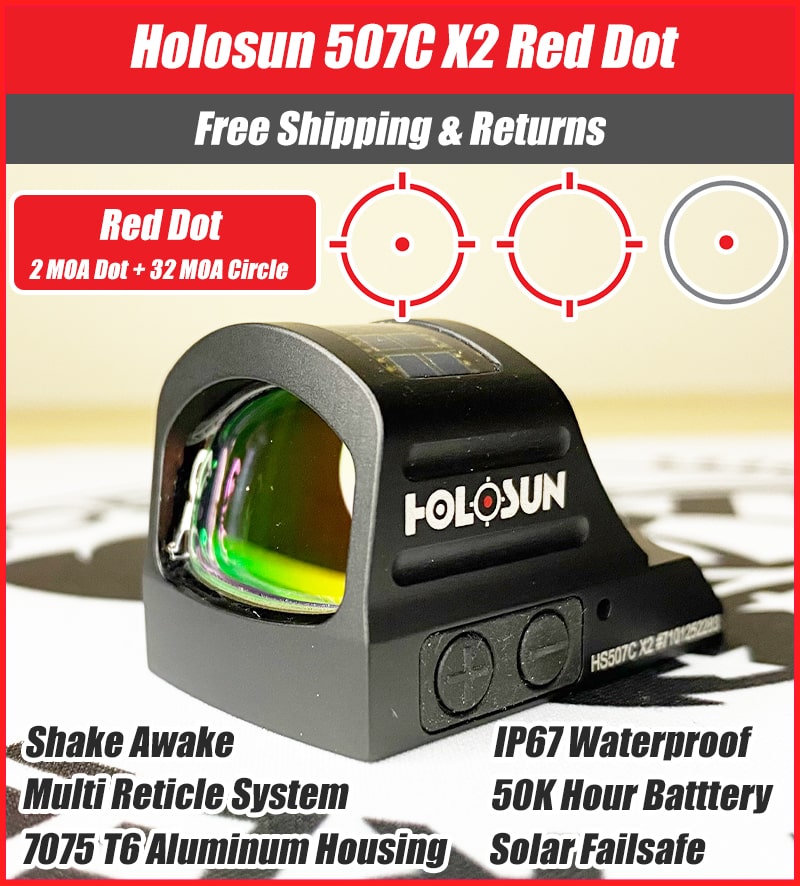 Holosun 507C X2, 32 MOA Ring & 2 MOA Red Dot, Side Battery, Solar Failsafe - HS507CX2