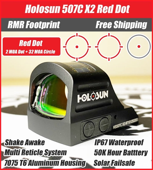 Holosun 507C X2, 32 MOA Ring & 2 MOA Red Dot, RMR Footprint, MRS Reticle, Side Battery, Solar Failsafe - HS507CX2
