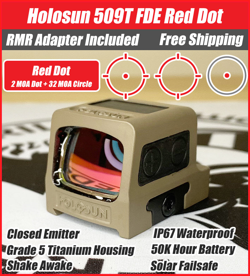 Holosun 509T X2 Red Dot FDE, MRS Reticle Closed Emitter, Titanium, Solar Failsafe, RMR Footprint - HS-509T-FDE-RD