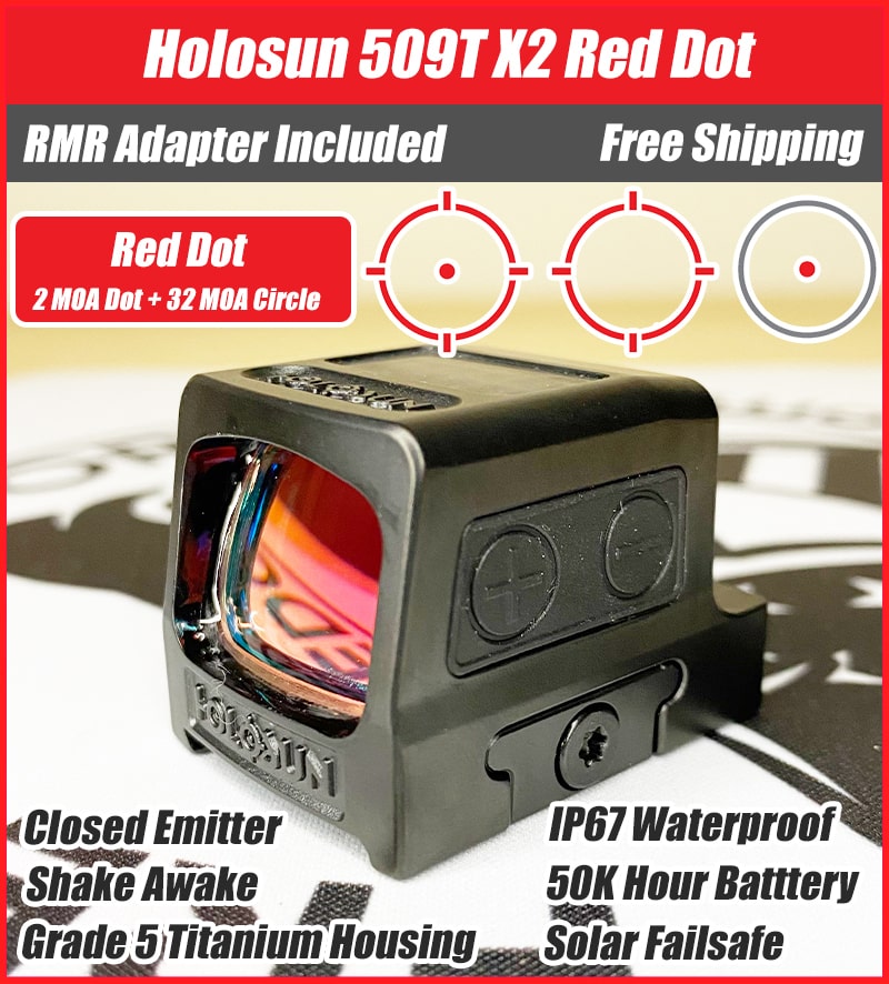 Holosun 509T X2, Red Dot, Closed Emitter, Titanium, Solar Failsafe, RMR Footprint - HE509T-RD-X2