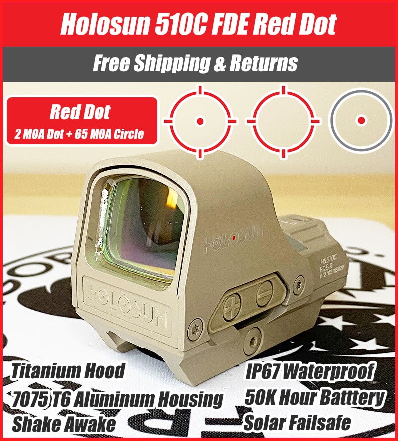 Holosun HS510C FDE Red Dot 65 MOA Circle 2 MOA Red Dot Aluminum Housing Matte Finish Solar with Internal Battery - HS510C-FDE