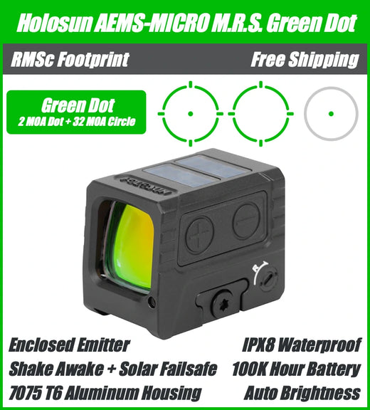 Holosun AEMS-MICRO, Enclosed Pistol Green Dot Sight, RMSc Footprint, Solar Failsafe - AEMS-MICRO-GR
