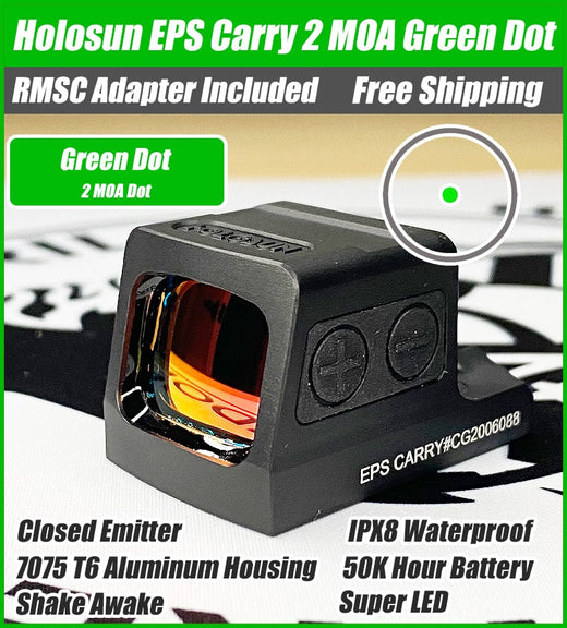 Holosun EPS Carry 2 MOA Green Dot Side Battery, K Series Footprint (Modified RMSc), RMSc Adapter Plate Included - EPS-CARRY-GR-2