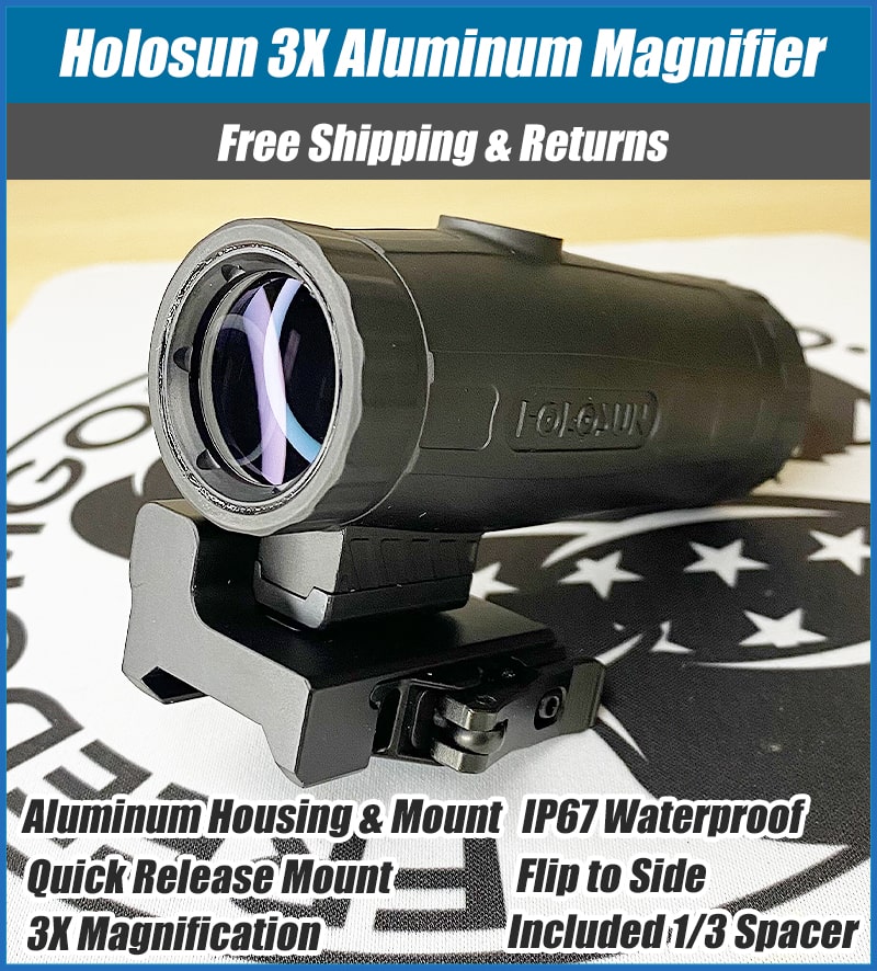 Holosun Magnifer, 3X Power, 28 Objective, QD Mount, 1/3 Riser, Switch To Side, Lens Cloth And Mounting Tool, Black, Aluminum Housing - HM3X