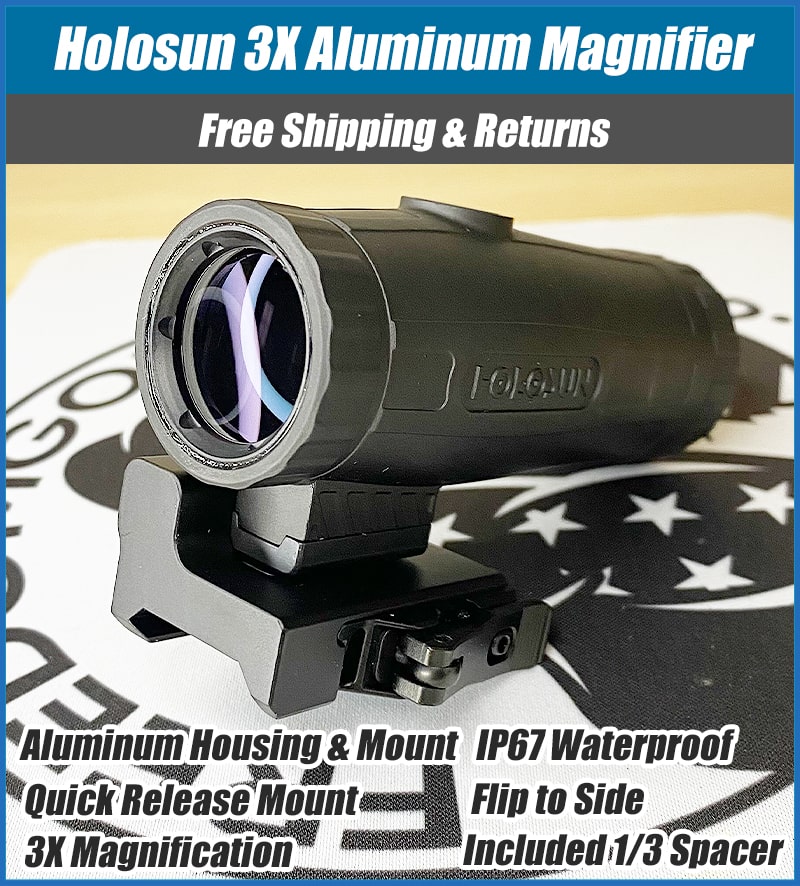 Holosun Magnifier, 3X Power, 28 Objective, QD Mount, 1/3 Riser, Switch To Side, Lens Cloth And Mounting Tool, Black, Aluminum Housing - HM3X