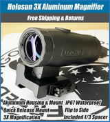 Holosun Magnifier, 3X Power, 28 Objective, QD Mount, 1/3 Riser, Switch To Side, Lens Cloth And Mounting Tool, Black, Aluminum Housing - HM3X