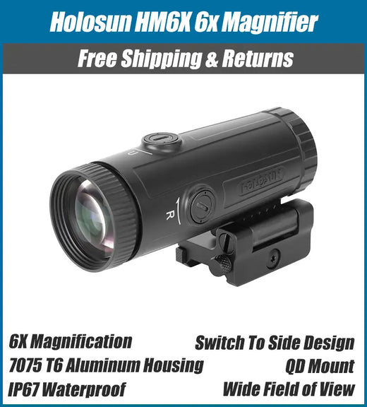 Holosun Magnifier, 6X Power, QD Mount, 1/3 Riser, Switch To Side, Lens Cloth And Mounting Tool, Black, Aluminum Housing - HM6X