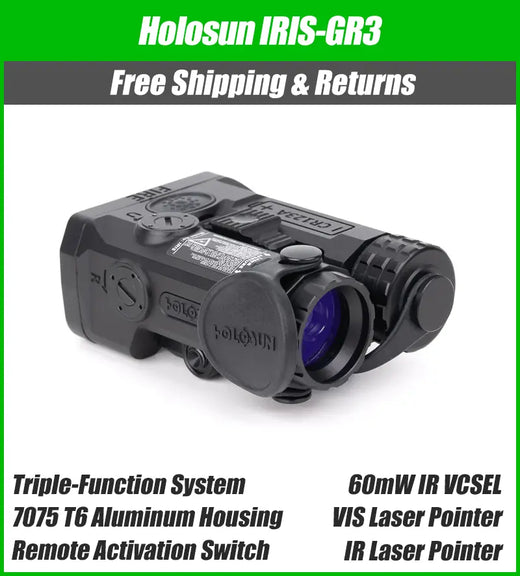 Holosun IRIS 3 Triple Function Laser & IR Illuminator – Green/Red Laser, IR Laser, IR VCSEL, Remote Switch – Fits Picatinny - IRIS-GR3, IRIS-RD3