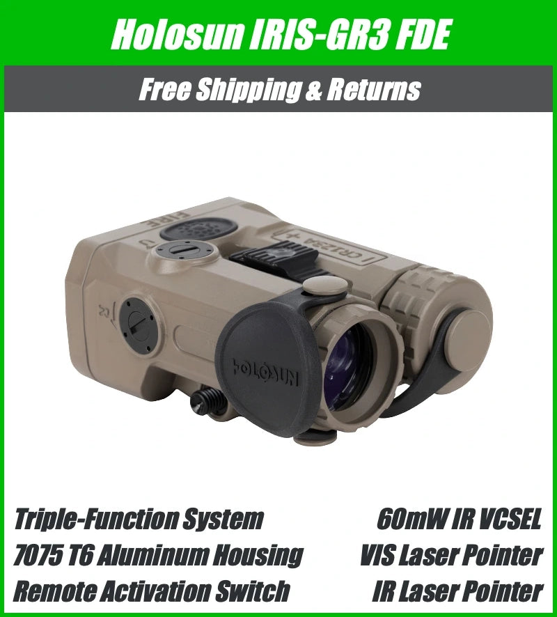 Holosun IRIS 3 FDE Triple Function Laser & IR Illuminator – GreenLaser, IR Laser, IR VCSEL, Remote Switch – Fits Picatinny - IRIS-GR3-FDE