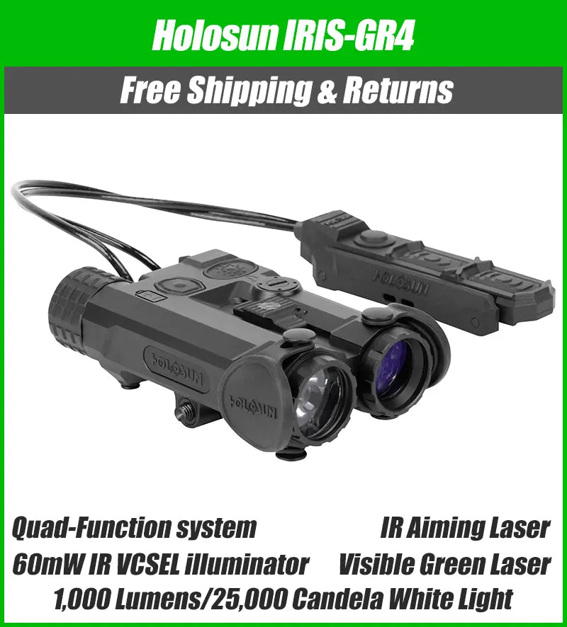 Holosun IRIS 4 Quad Function Laser & IR Illuminator – Green/Red VIS Laser, IR Laser, IR Illuminator, 1,000 Lumen White Light, Remote Switch - Fits Picatinny - IRIS-GR4, IRIS-RD4