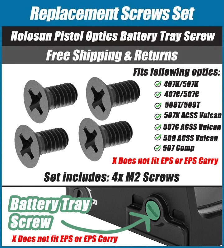 Holosun Pistol Optic Battery Tray Screw (DOES NOT FIT EPS or EPS Carry) - Replacement Screw Set