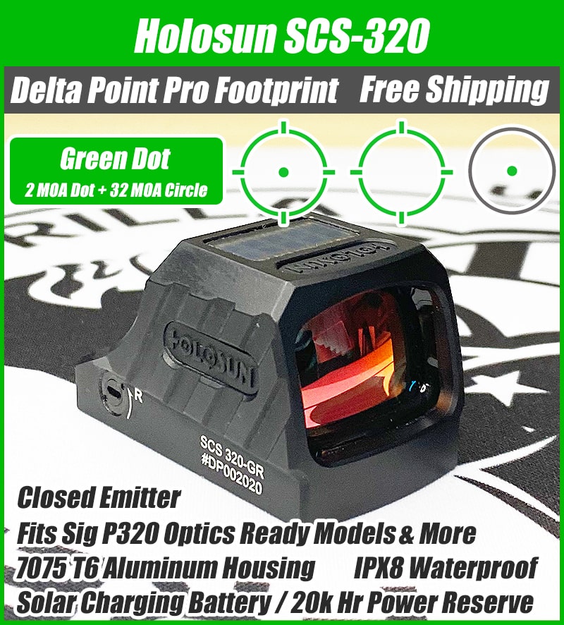 Holosun SCS 320, 20k Hr Power Reserve, Solar Rechargeable Battery, 32 MOA Circle & 2 MOA Green Dot, MRS Reticle, Delta Point Pro Footprint, Enclosed Emitter - SCS-320-GR