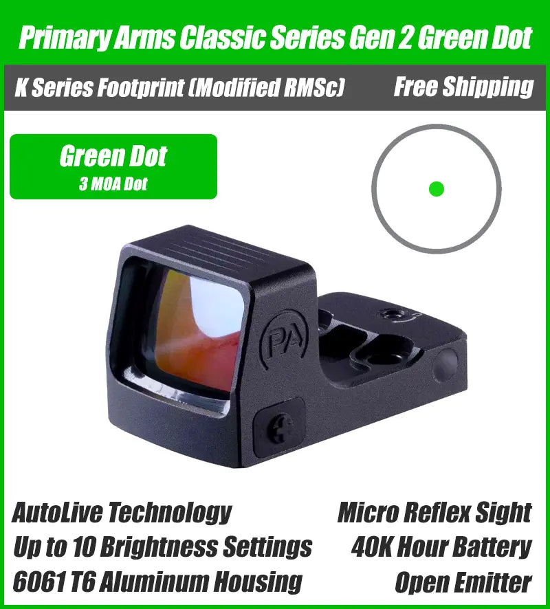 Primary Arms Classic Series Green 3 MOA Dot Gen 2 with Autolive - 21mm Micro Reflex Sight - RMSc Footprint - PA-CLX-MRSC-G2-G